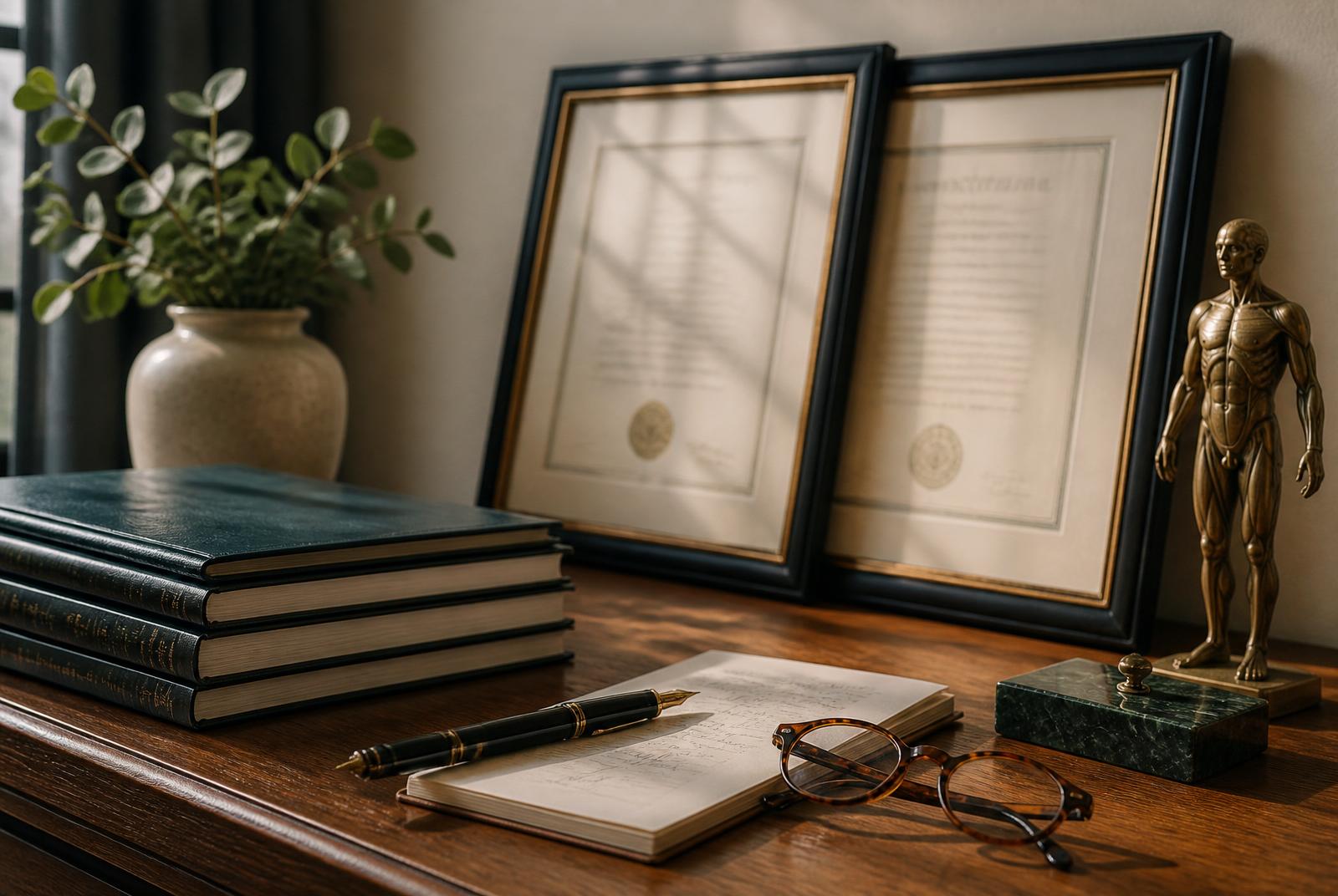 Framed credentials, medical journals and study notes on a walnut desk