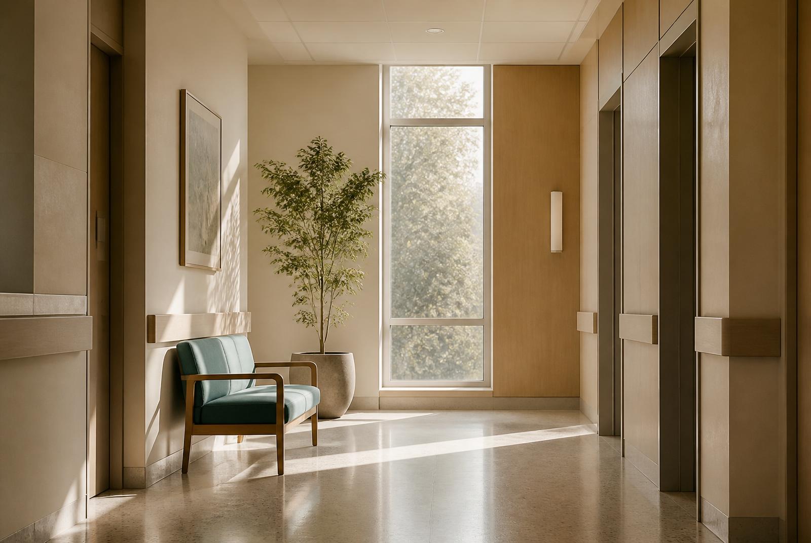 A calm, sunlit hospital corridor with a single upholstered bench