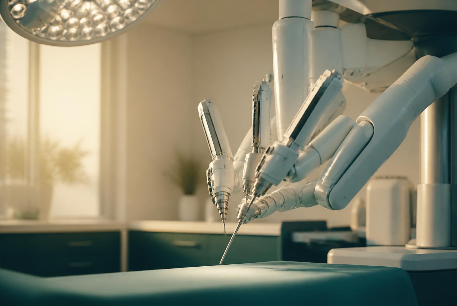 Close-up of a modern surgical robot's articulated instruments in a warmly lit operating room